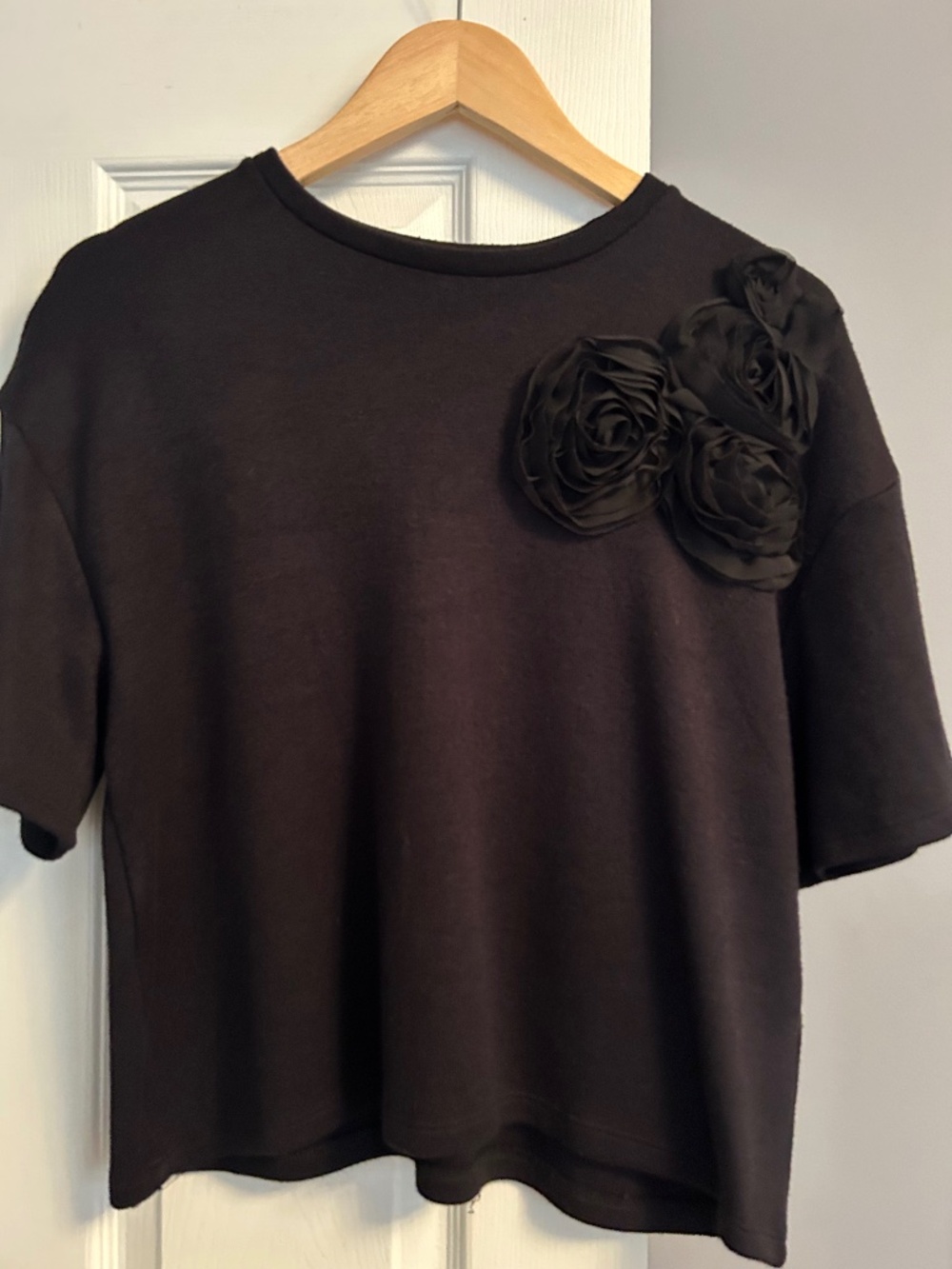 Black Short Sleeve Top with 3D Rosette Flower Details